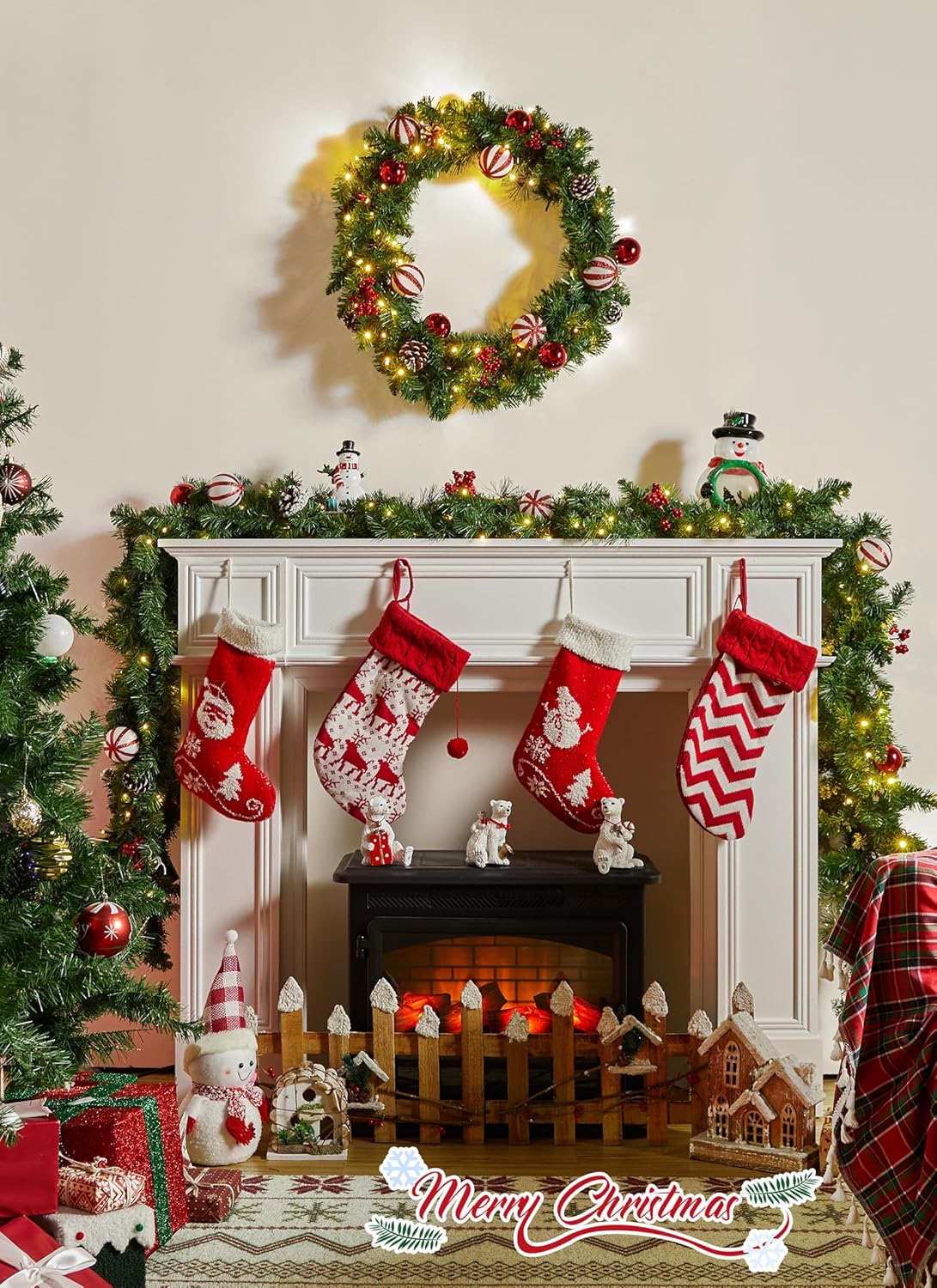 9FT Christmas Garland with Lights, Battery Operated Lighted Garland, 100 LED White Lights, 8 Modes, Timer