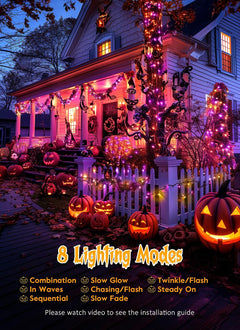 20ft 240 LED Solar Firecrackers Twinkle Lights for Halloween Haunted House Party, Orange and Purple