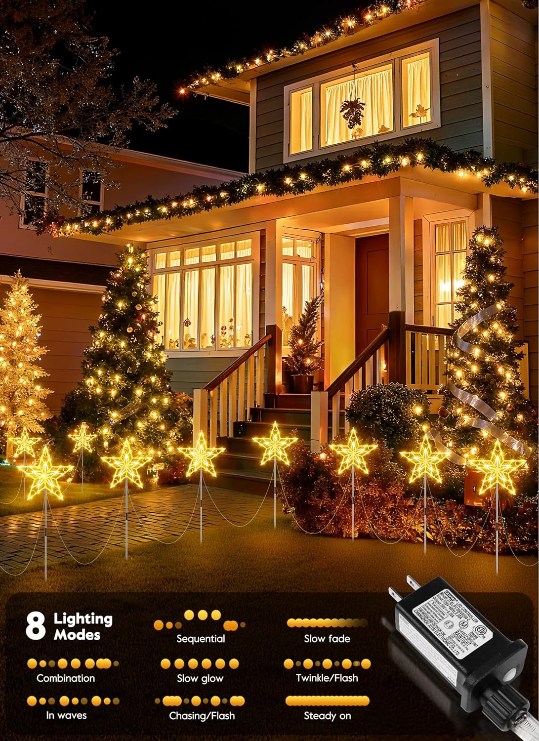 10Pcs/Set Large Waterproof Star Stake Pathway Lights for Outdoor Christmas Decorations, Warm White