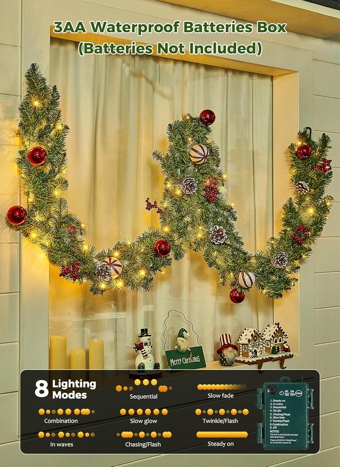 9FT Christmas Garland with Lights, Battery Operated Lighted Garland, 100 LED White Lights, 8 Modes, Timer