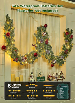 9FT Christmas Garland with Lights, Battery Operated Lighted Garland, 100 LED White Lights, 8 Modes, Timer