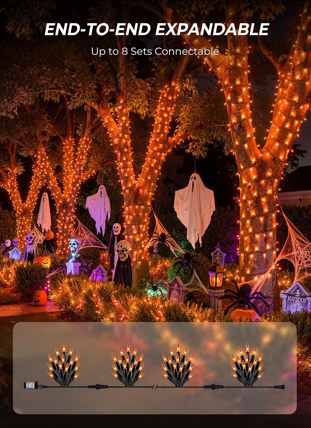 33FT Plug in 100 LED Mini Orange Lights for Halloween Fall Party Haunted House, 8 Modes