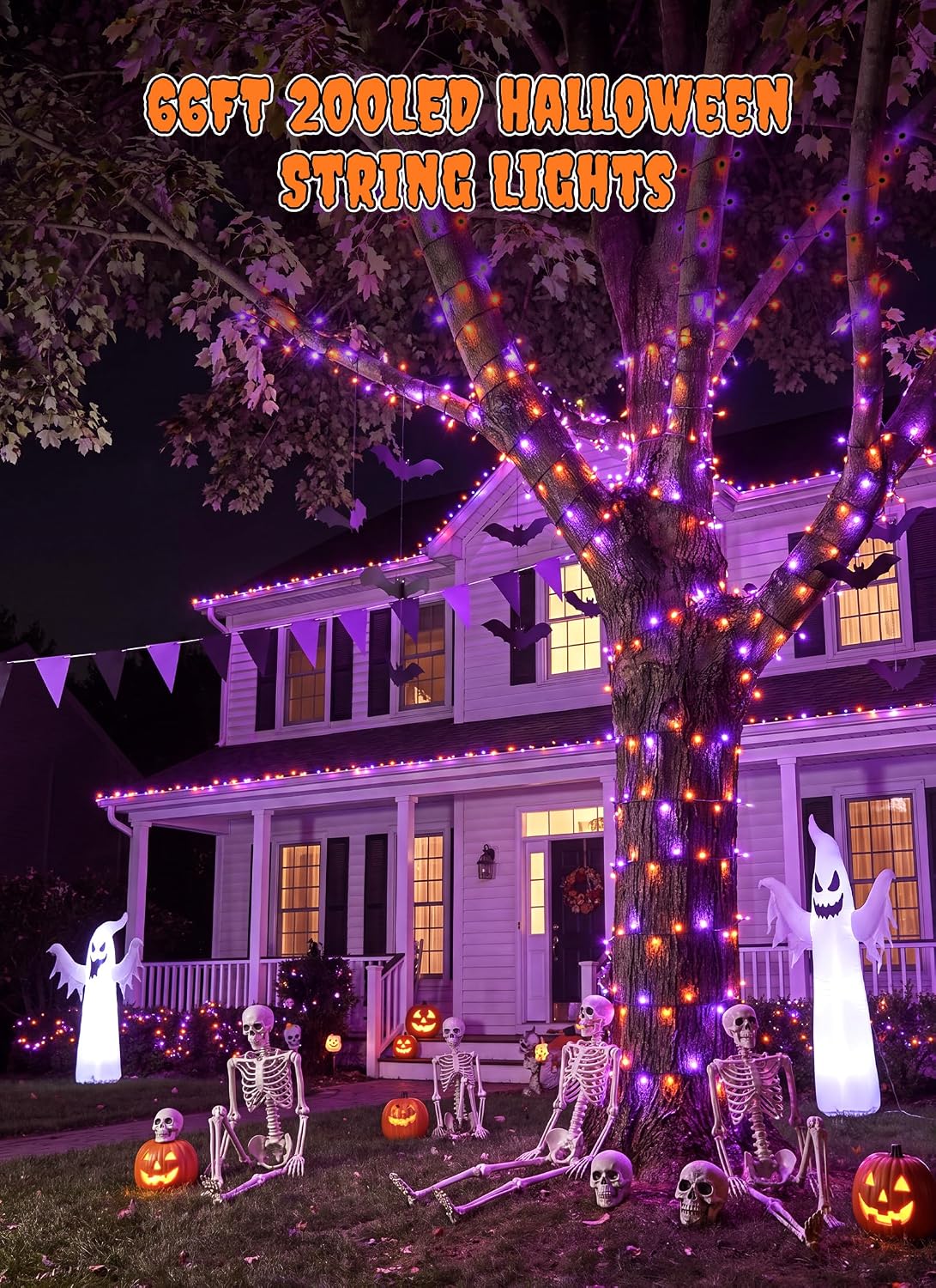66FT 200LED Plug in Purple & Orange Halloween String Lights for Tree Patio, 8 Modes