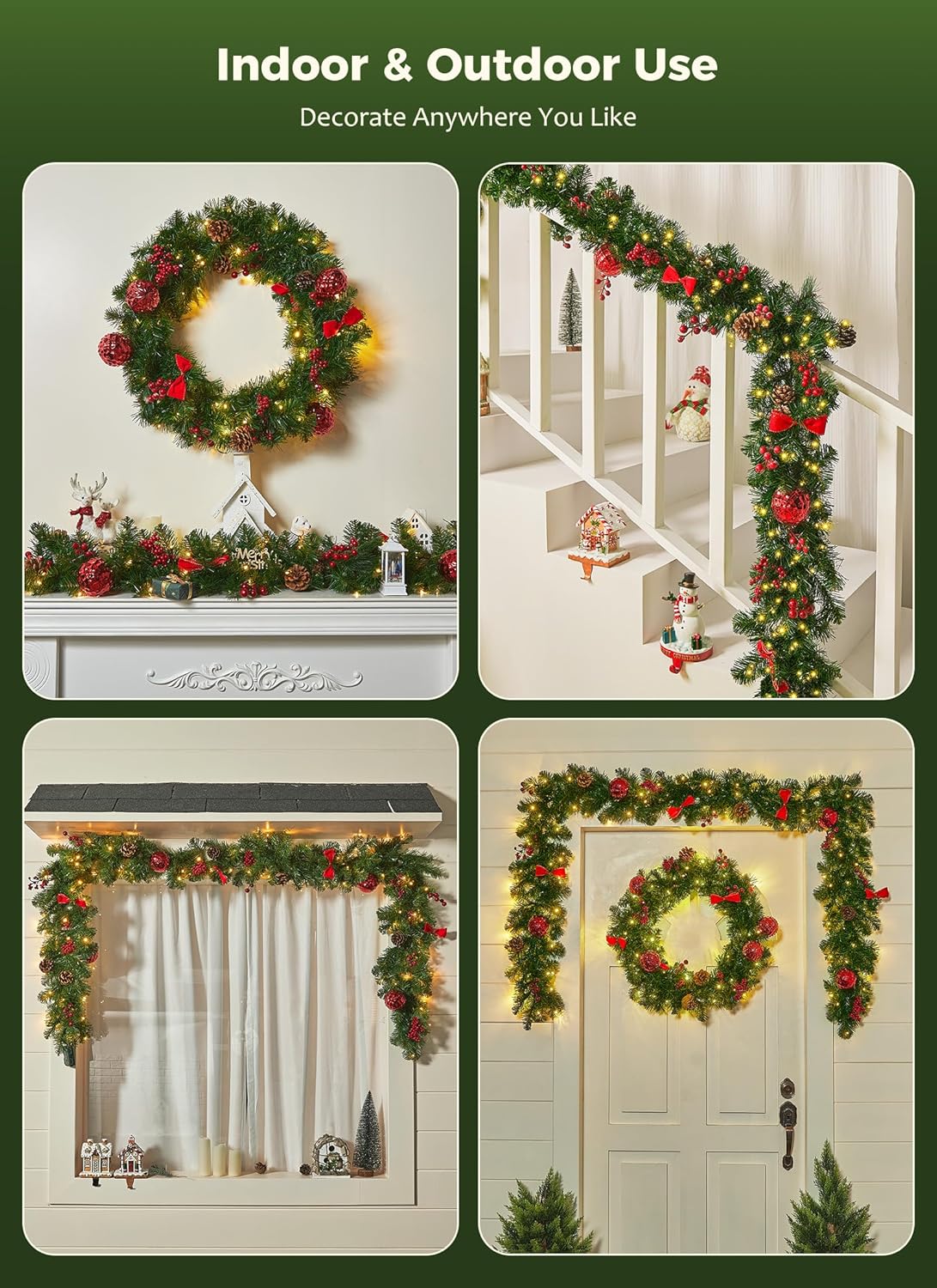 9FT Christmas Garland with Lights, Battery Operated, 100 LED White Lights, 8 Modes, Timer