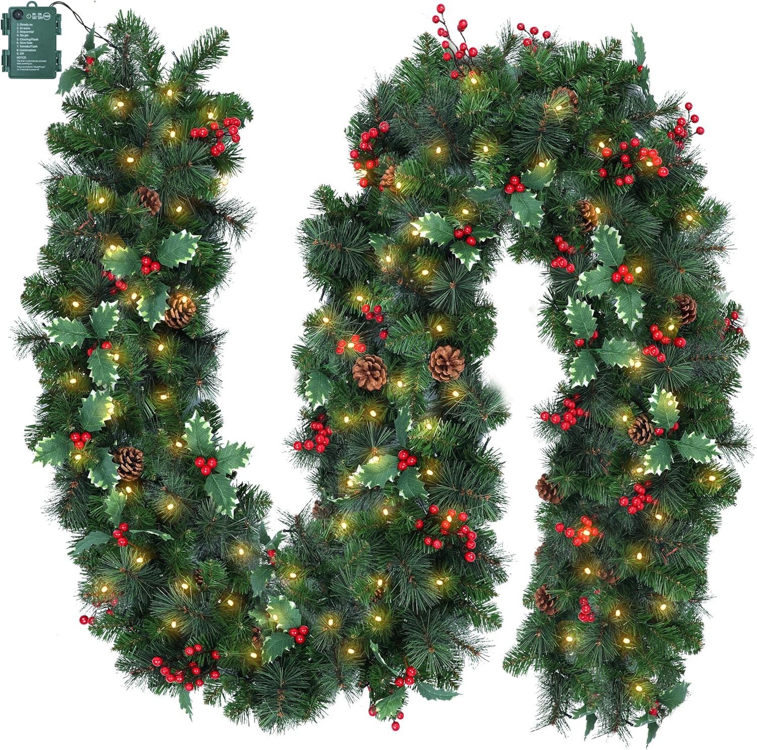 Pre-lit Christmas Garland with Lights, 9Ft 100LED Lighted Garland with 8 Light Modes & Timer