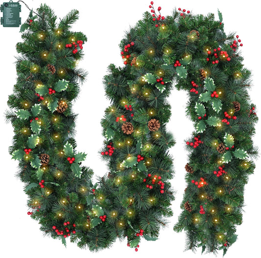 Pre-lit Christmas Garland with Lights, 9Ft 100LED Lighted Garland with 8 Light Modes & Timer