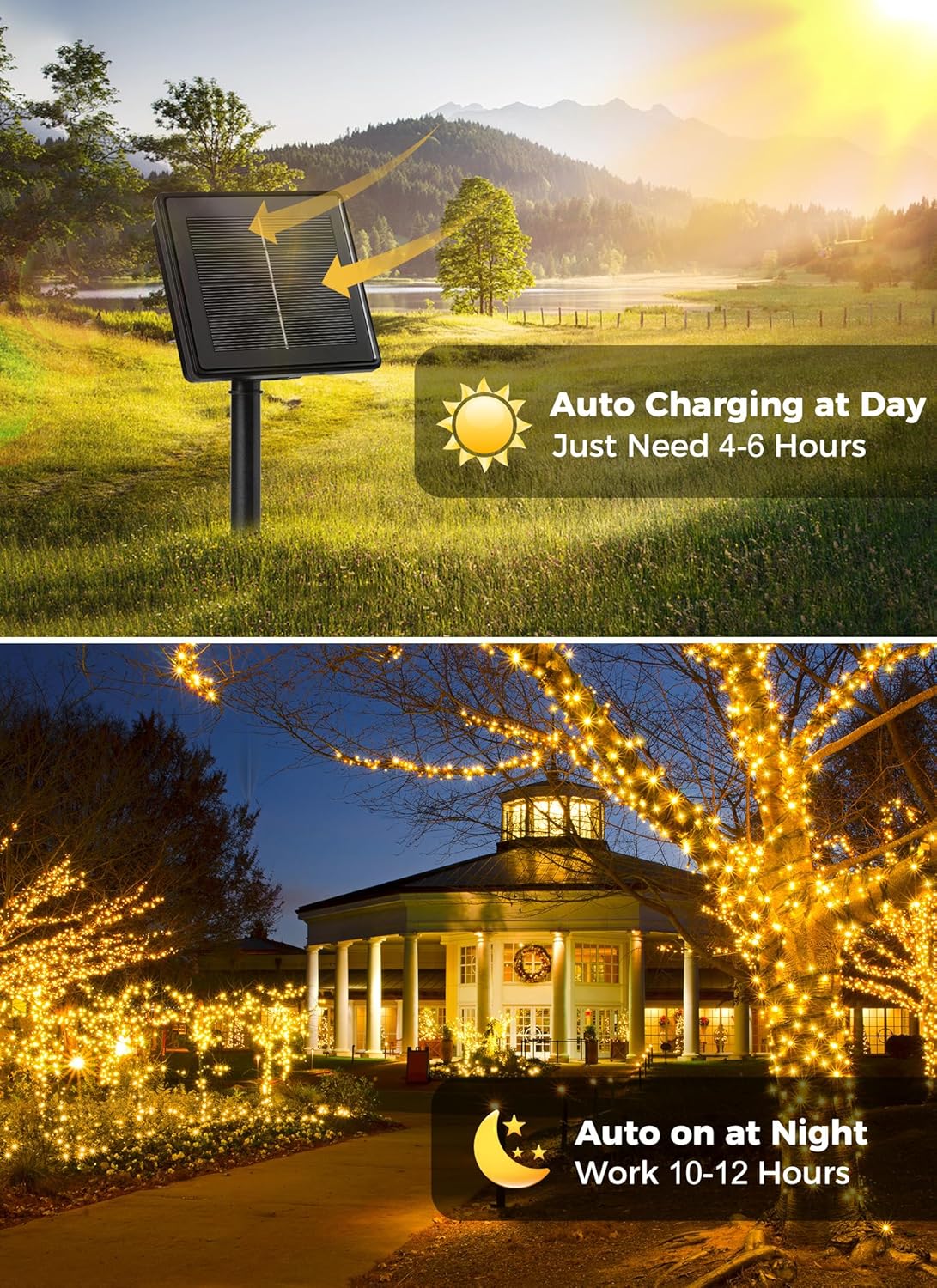 2 Pack Total 144FT 400 LED Solar Powered String Lights with 8 Modes  for Christmas Tree, Warm White