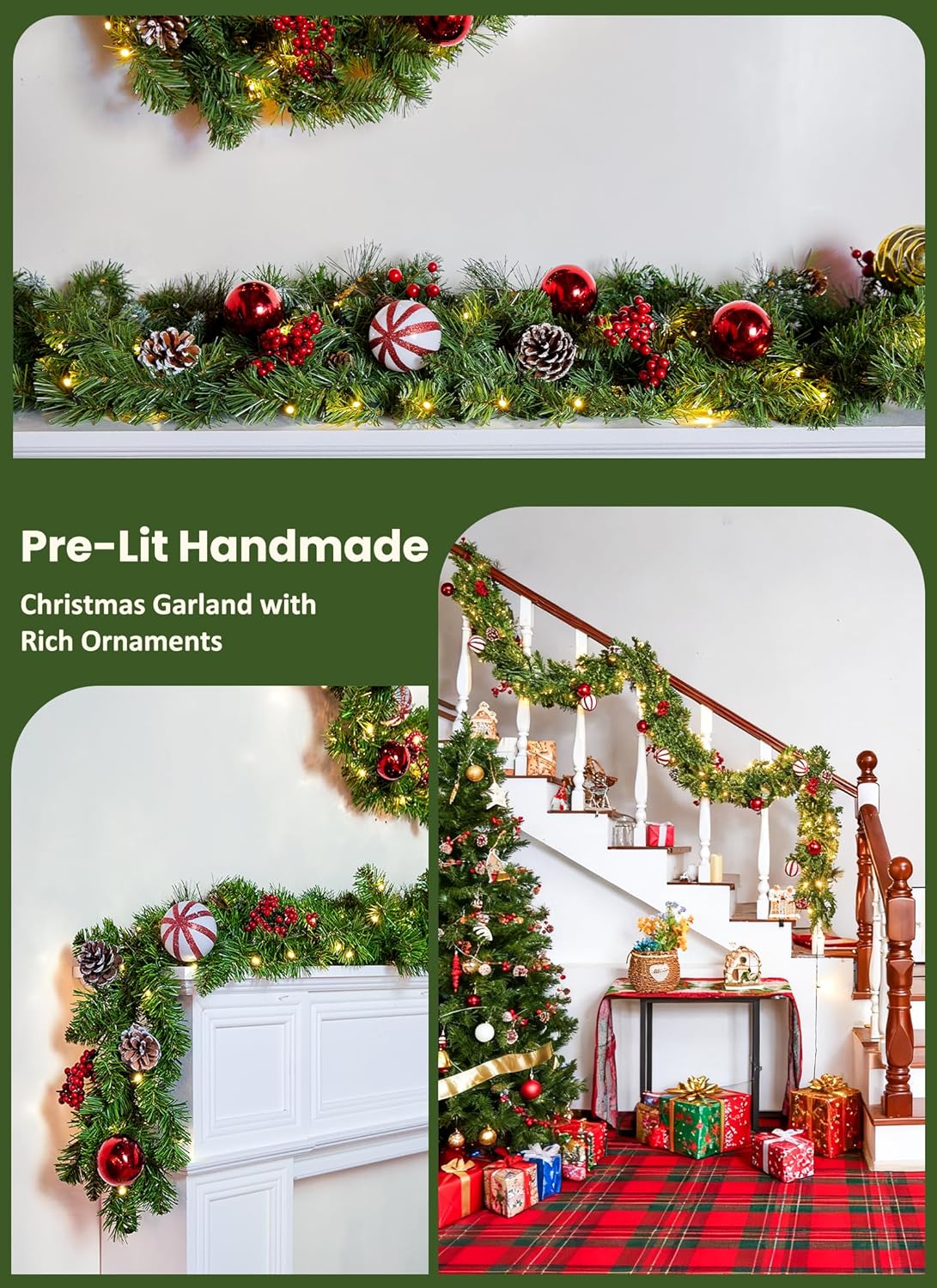 9FT Christmas Garland with Lights, Battery Operated Lighted Garland, 100 LED White Lights, 8 Modes, Timer