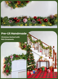 9FT Christmas Garland with Lights, Battery Operated Lighted Garland, 100 LED White Lights, 8 Modes, Timer
