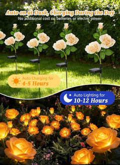 4 Pack Realistic Champagne Rose Flowers Solar Garden Pathway Lights for Yard & Patio Decorations