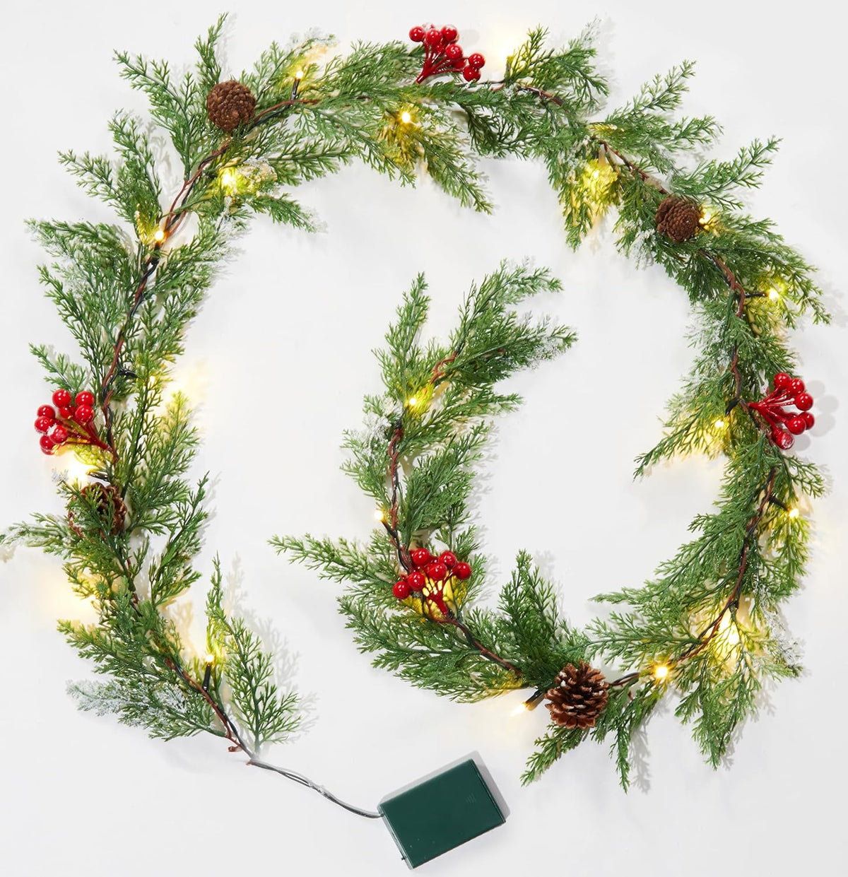 Christmas Garland with Lights, 6Ft 20 LED Lighted Cypress Leaves Garland, Battery Operated Christmas Lights, 2 Pack