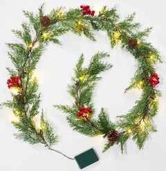 Christmas Garland with Lights, 6Ft 20 LED Lighted Cypress Leaves Garland, Battery Operated Christmas Lights, 2 Pack