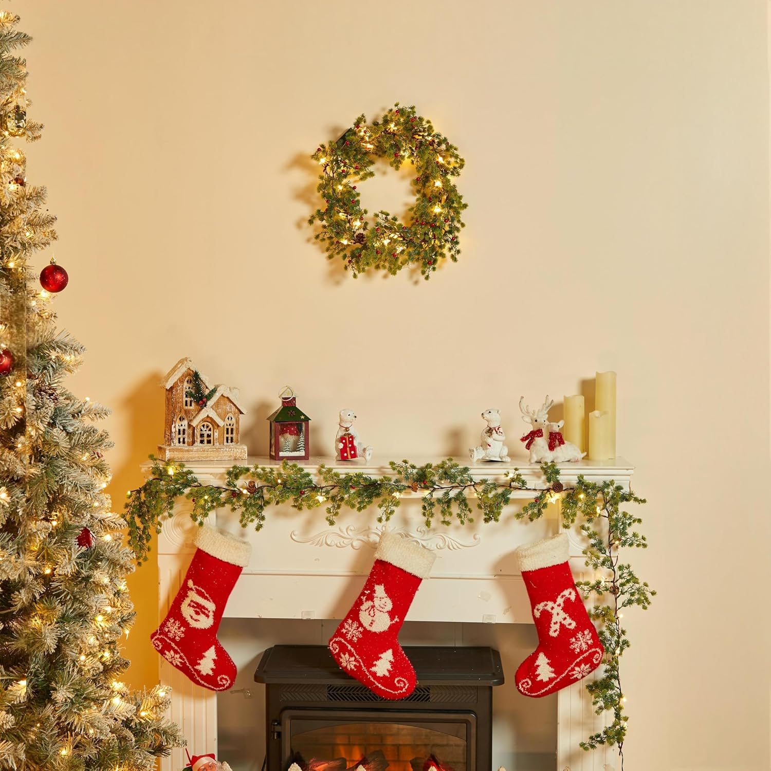 Christmas Garland with Lights, Battery Operated, 6 Ft 20 LED Lighted Pine Leaves Garland, 2 Pack