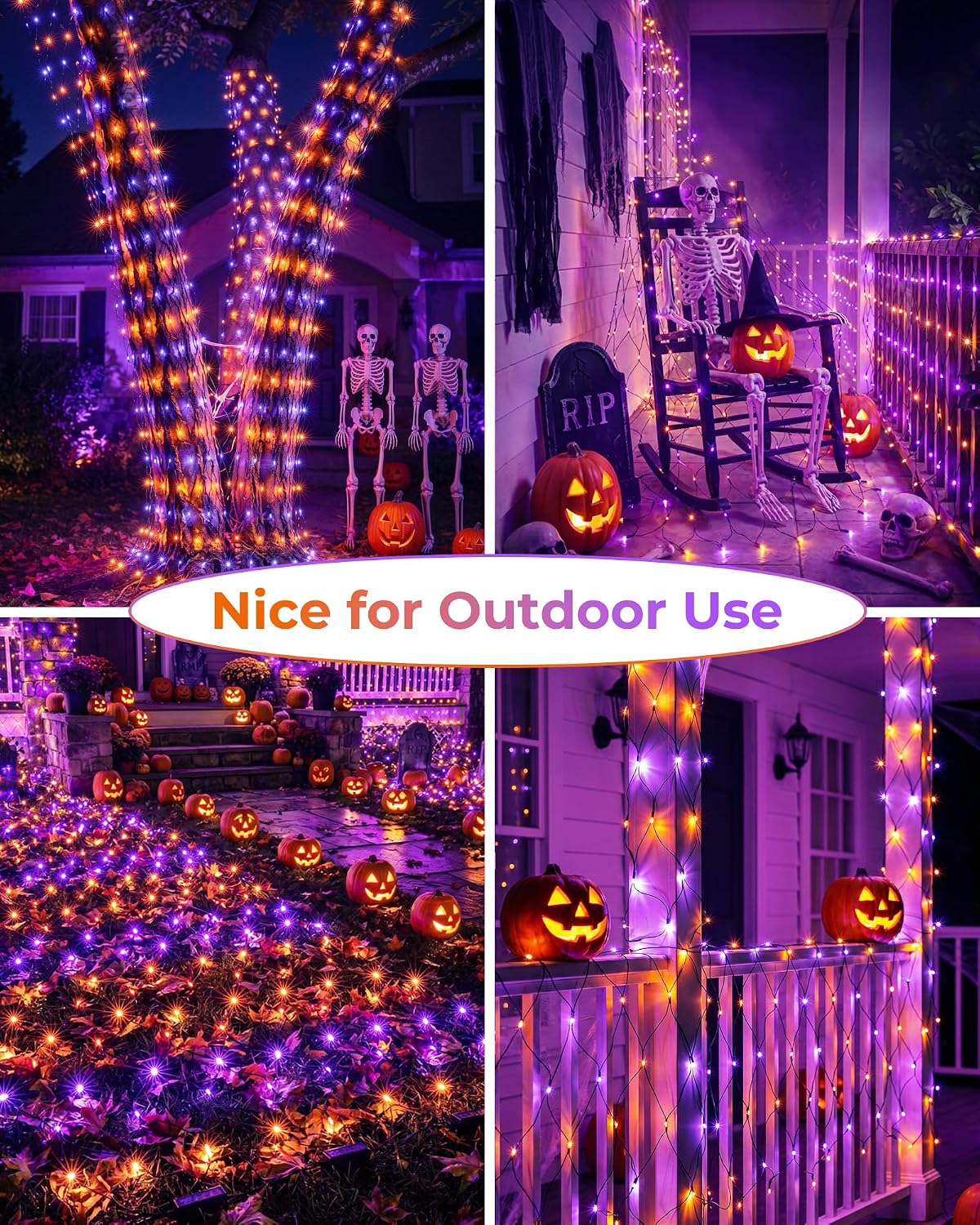 2 Pack 12×5FT 360 LED Halloween Net Lights Outdoor, 12 Light Modes & Timer, Orange & Purple