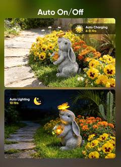 Solar Powered Rabbit Statue with Butterfly Flowers Lights for Garden Backyard Decor