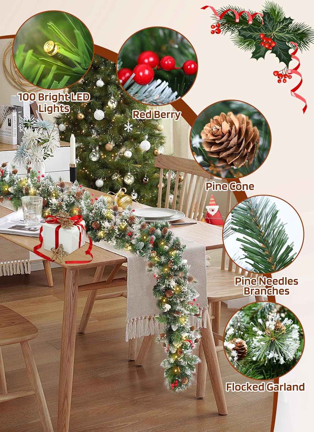 Christmas Garland with Lights, 9ft 100LED Battery Operated Garland Decorated with Pine Cones, Berry, 8 Light Modes & Timer