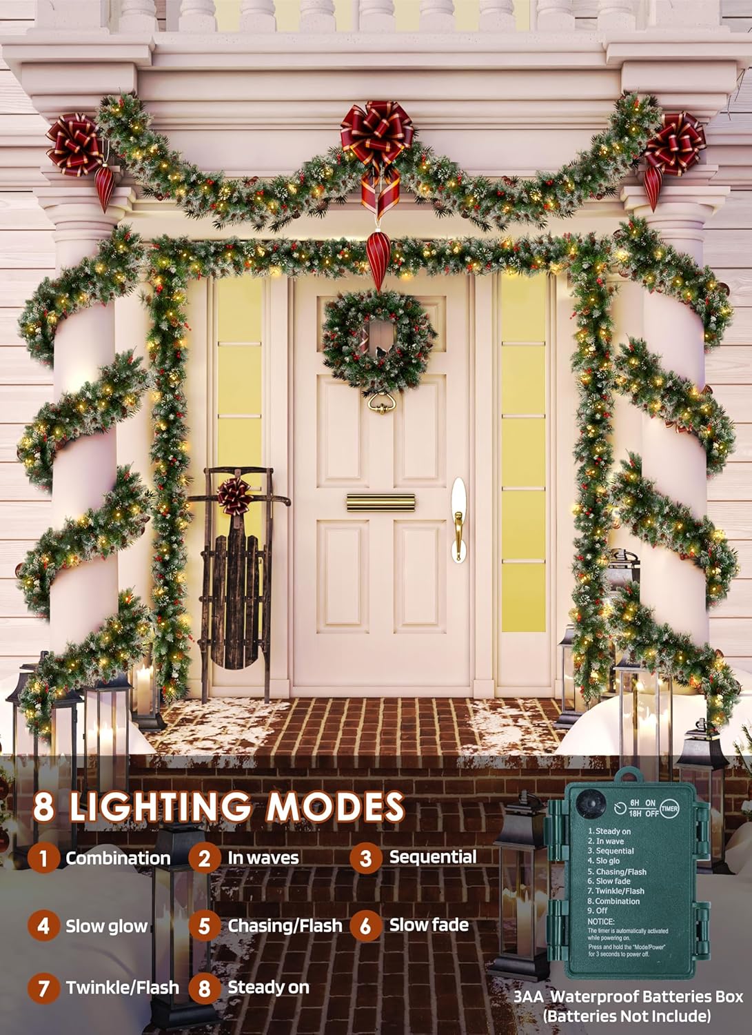 Christmas Garland with Lights, 9ft 100LED Battery Operated Garland Decorated with Pine Cones, Berry, 8 Light Modes & Timer