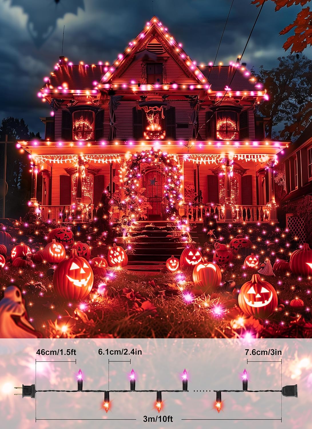 2Pack 10Ft 50 LED Plug in Mini Bulbs String Light for Halloween Haunted House Party, Orange & Purple