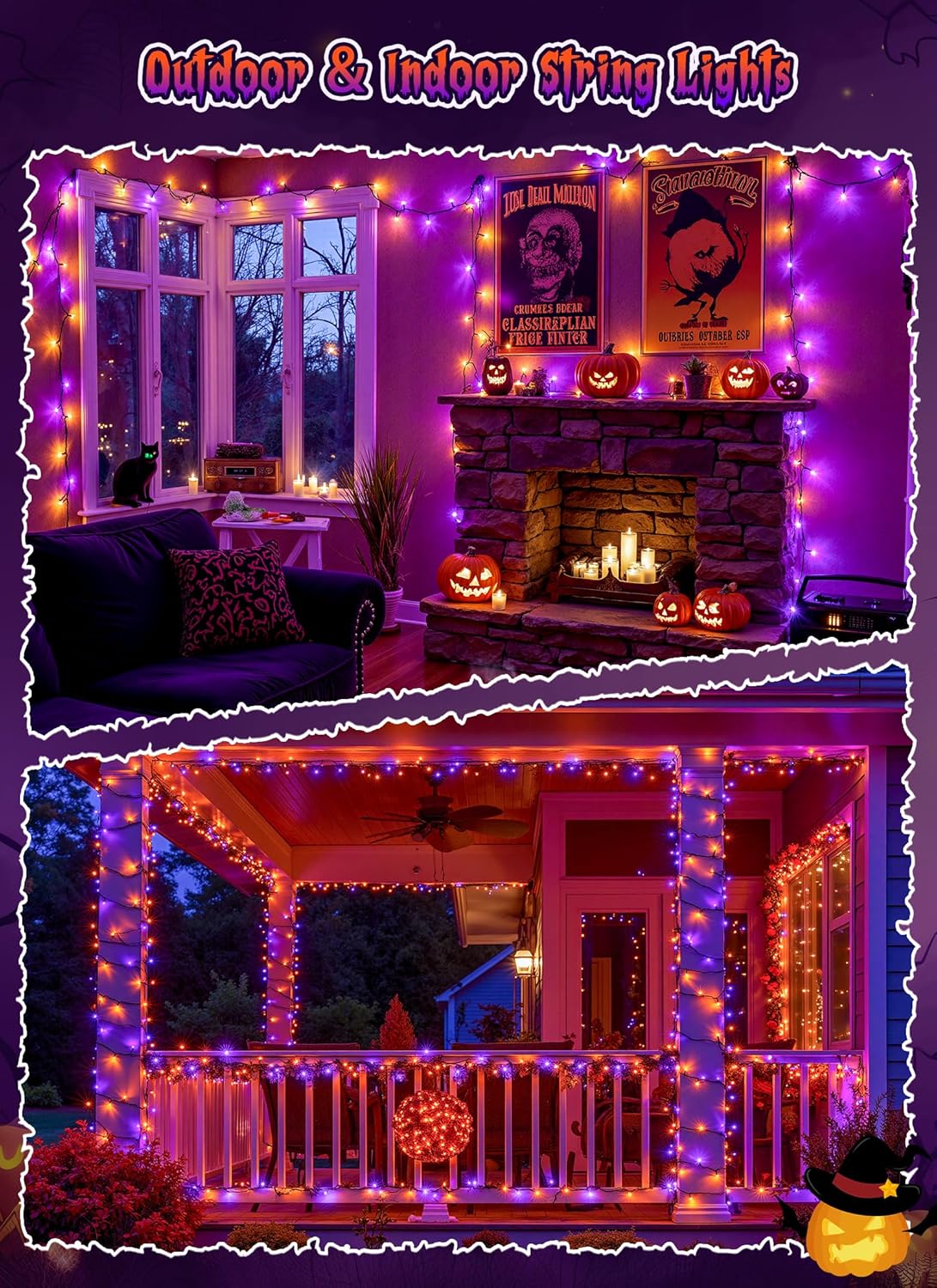 Halloween Solar String Lights Outdoor, Total 144Ft 400 LED, 8 Modes, 2-Pack (Orange&Purple)