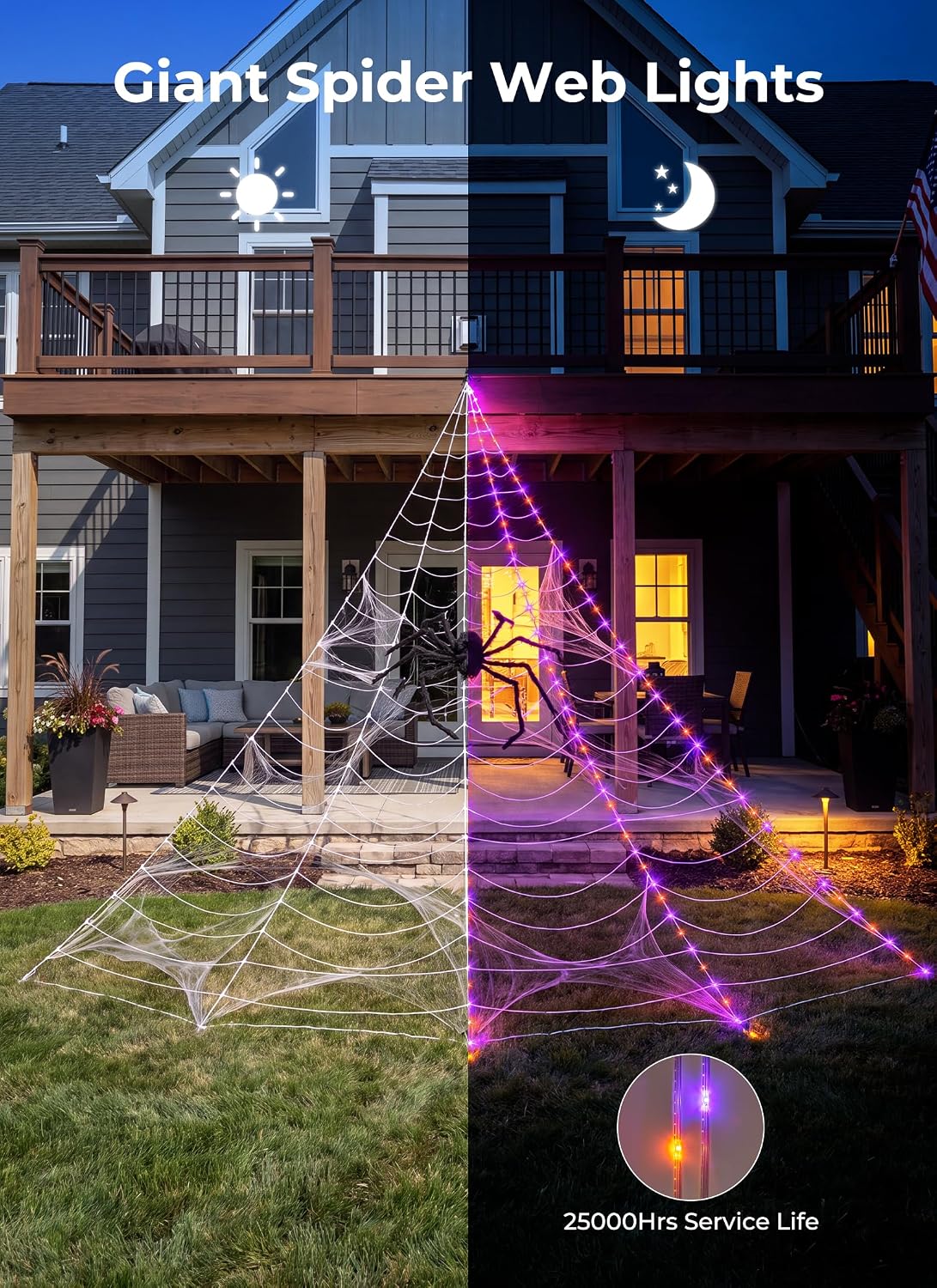 16.4Ft 225 LED Plug in Giant Spider Web Lights Set with Spider for Haunted House Halloween Decor