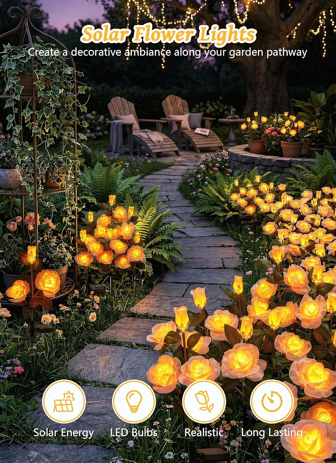 4 Pack Realistic Champagne Rose Flowers Solar Garden Pathway Lights for Yard & Patio Decorations