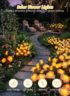 4 Pack Realistic Champagne Rose Flowers Solar Garden Pathway Lights for Yard & Patio Decorations