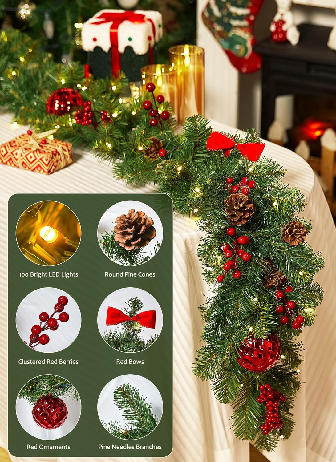 9FT Christmas Garland with Lights, Battery Operated, 100 LED White Lights, 8 Modes, Timer