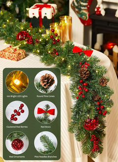 9FT Christmas Garland with Lights, Battery Operated, 100 LED White Lights, 8 Modes, Timer