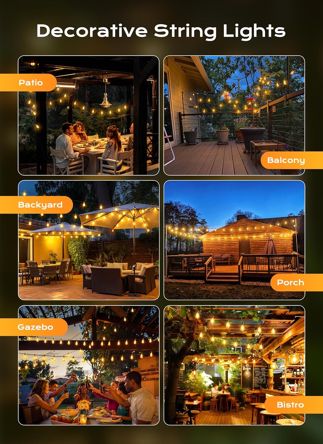 100FT Plug in 50+2 LED ST38 LED Outdoor Patio Lights for Porch Patio Christmas Party Decor