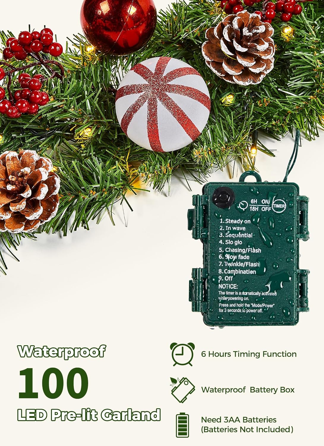 9FT Christmas Garland with Lights, Battery Operated Lighted Garland, 100 LED White Lights, 8 Modes, Timer
