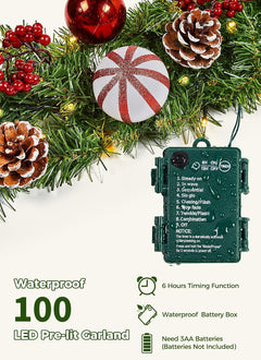9FT Christmas Garland with Lights, Battery Operated Lighted Garland, 100 LED White Lights, 8 Modes, Timer