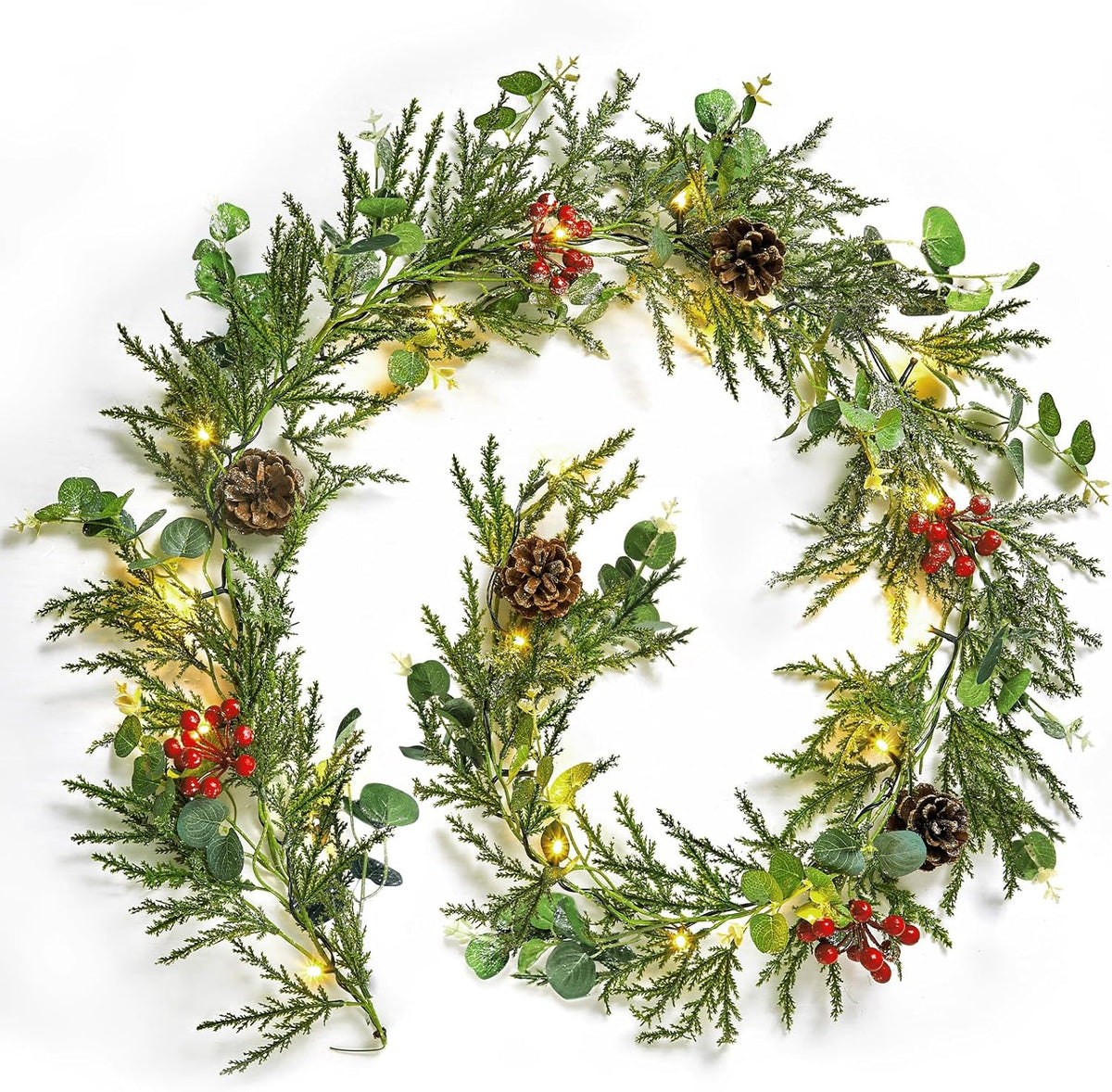 Pre-lit Christmas Garland with Lights, 6 Feet 20 LED Battery Operated Lights with Pine Cones, Berry, Eucalyptus Leaves, Indoor Door