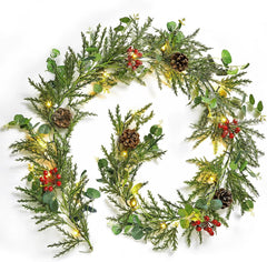 Pre-lit Christmas Garland with Lights, 6 Feet 20 LED Battery Operated Lights with Pine Cones, Berry, Eucalyptus Leaves, Indoor Door