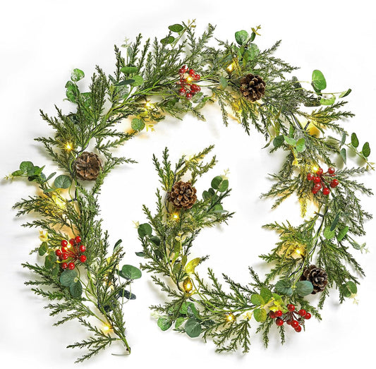 Pre-lit Christmas Garland with Lights, 6 Feet 20 LED Battery Operated Lights with Pine Cones, Berry, Eucalyptus Leaves, Indoor Door
