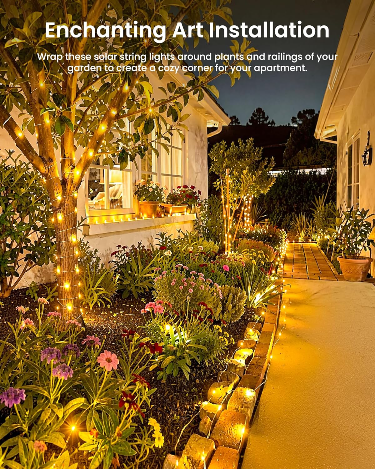 2 Pack Total 66Ft 200 LED Solar String Fairy Lights for Yard Garden, 8 Modes, Warm White