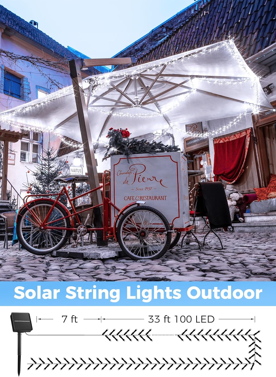 40FT 100 LED Solar Powered Outdoor String Lights with 8 Lighting Modes for Xmas Tree, Cool White