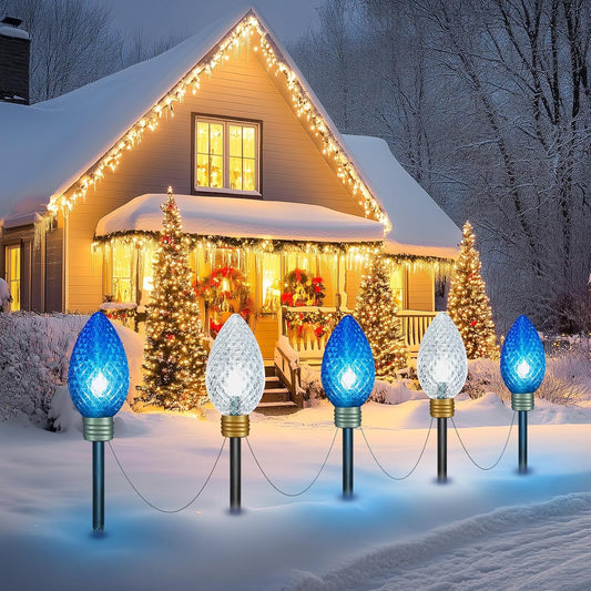 2 Pack Total 22 FT Plug in 10 LED Jumbo C9 Strawberry Lights for Xmas Pathway, Blue & Pure White
