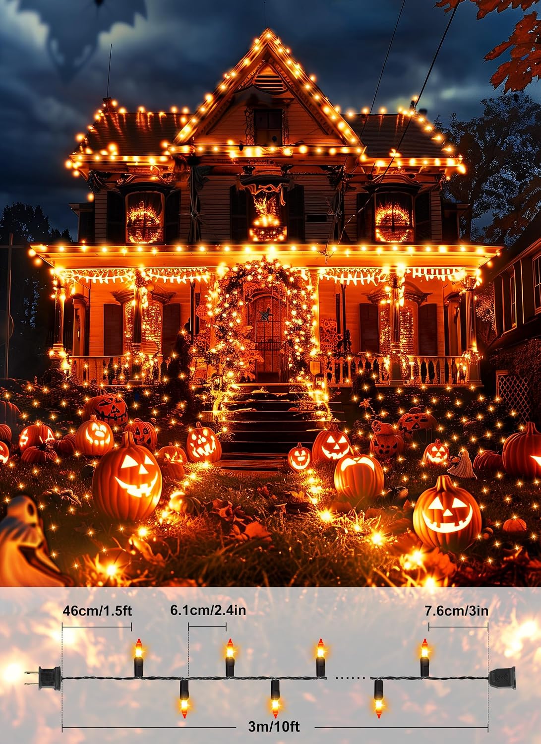 10Ft 50 LED Plug in Mini Bulbs String Light for Halloween Haunted House Party, Orange