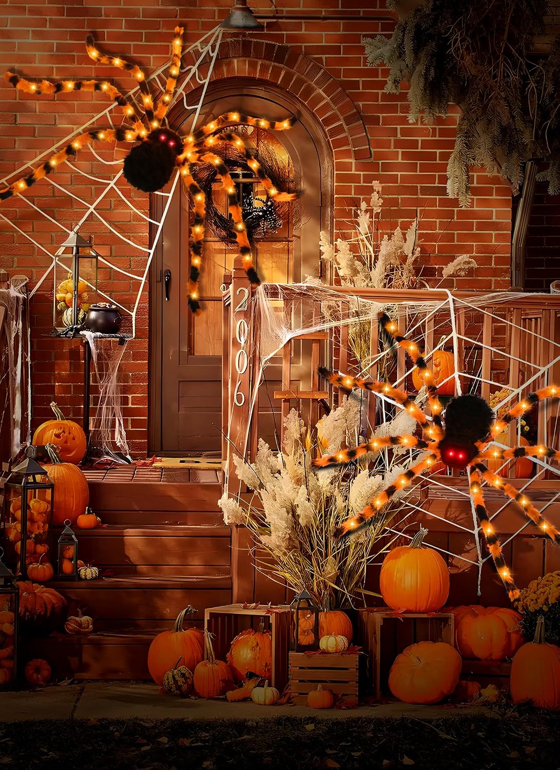 4.9 ft 38 LED Battery Oprated Light Up Black Hairy Giant Spider Halloween Decorations, Orange