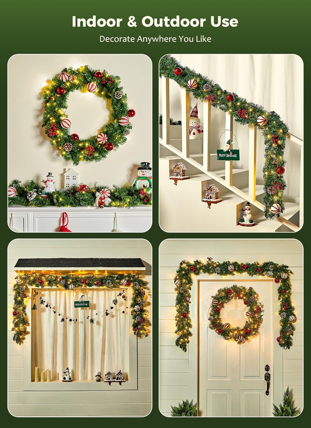 9FT Christmas Garland with Lights, Battery Operated Lighted Garland, 100 LED White Lights, 8 Modes, Timer