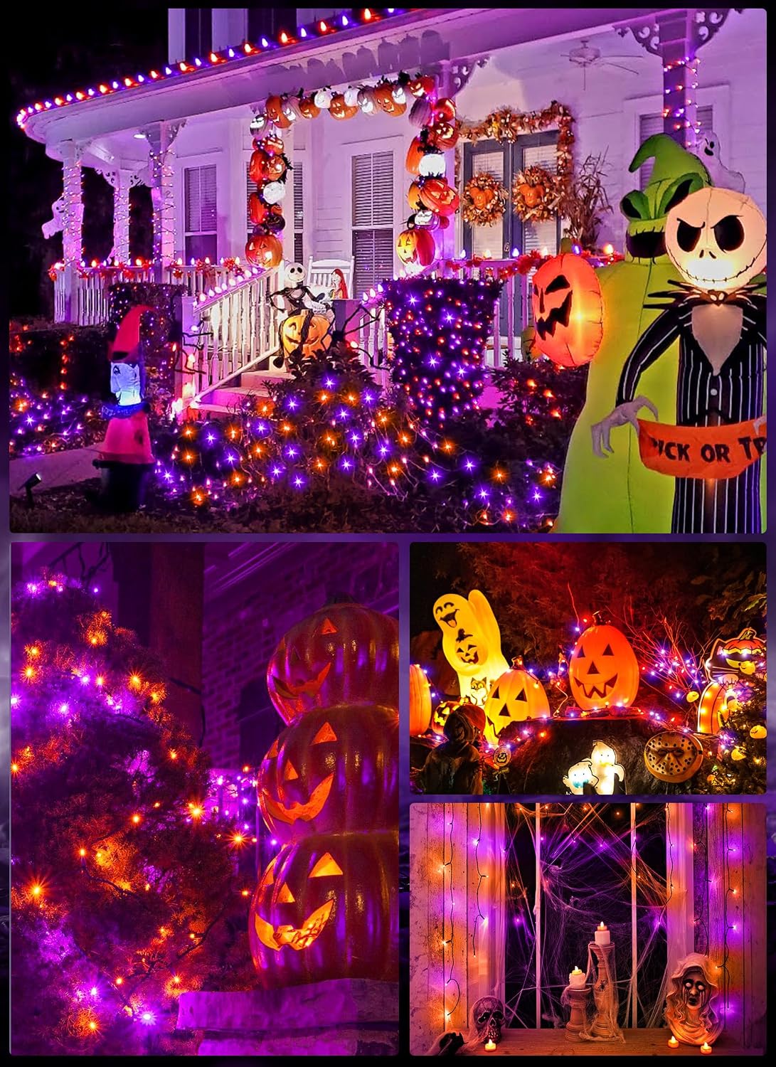 40FT 100 LED Solar String Lights for Halloween Haunted House Party, Black Wire, Orange & Purple