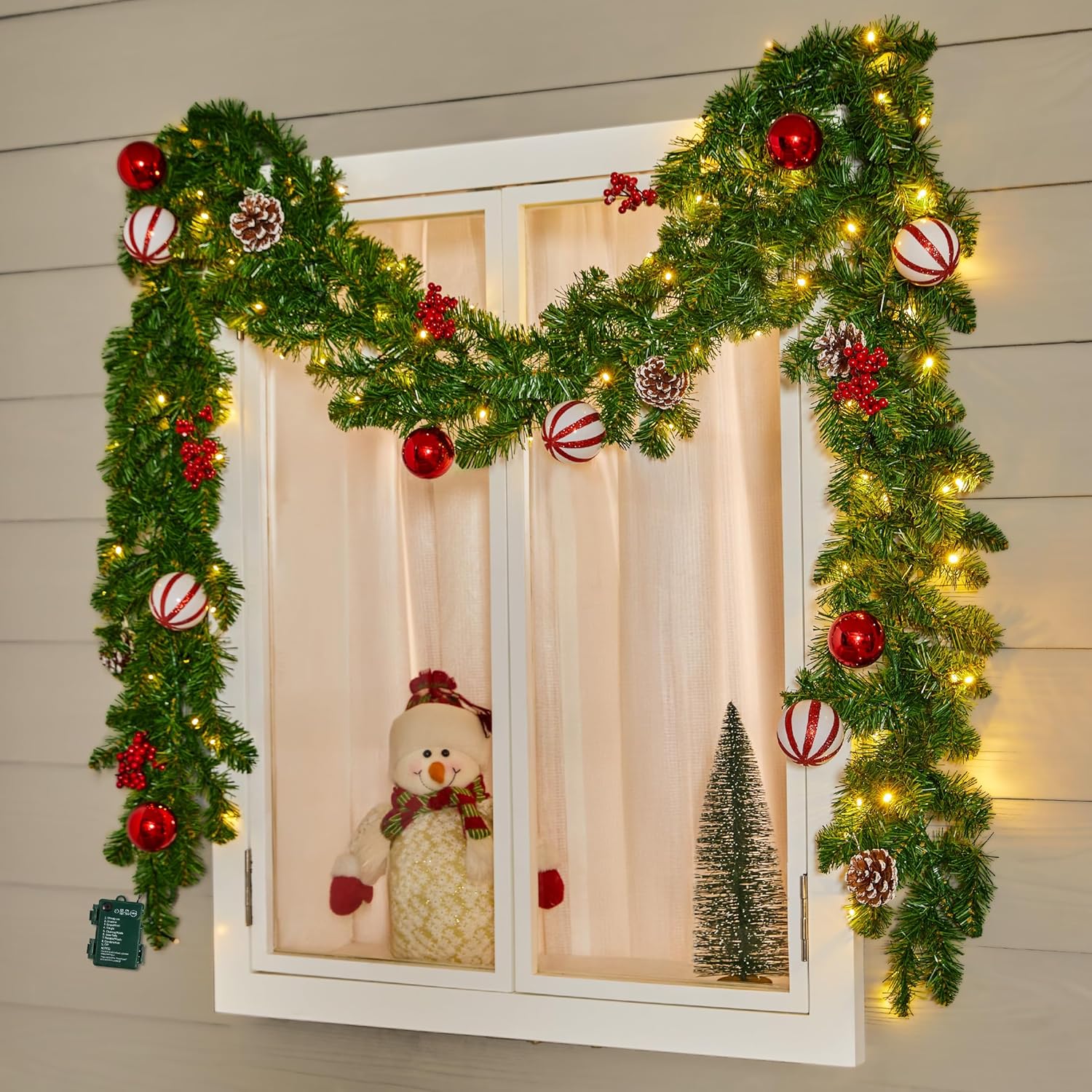 9FT Christmas Garland with Lights, Battery Operated Lighted Garland, 100 LED White Lights, 8 Modes, Timer