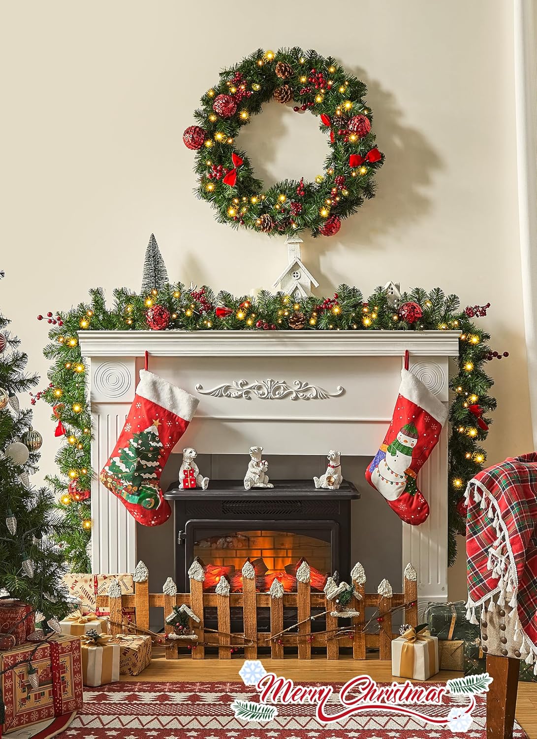 9FT Christmas Garland with Lights, Battery Operated, 100 LED White Lights, 8 Modes, Timer