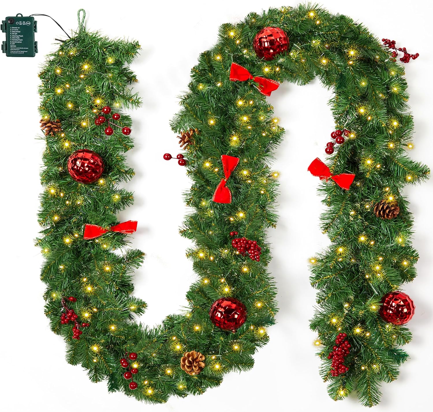 9FT Christmas Garland with Lights, Battery Operated Lighted Garland, 100 LED White Lights, 8 Modes, Timer