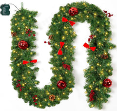 9FT Christmas Garland with Lights, Battery Operated Lighted Garland, 100 LED White Lights, 8 Modes, Timer