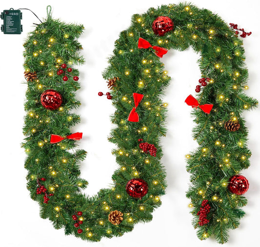 9FT Christmas Garland with Lights, Battery Operated Lighted Garland, 100 LED White Lights, 8 Modes, Timer
