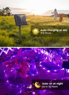 39FT 100LED Solar Rope Lights for Halloween Haunted House Party, 8 Modes, Purple