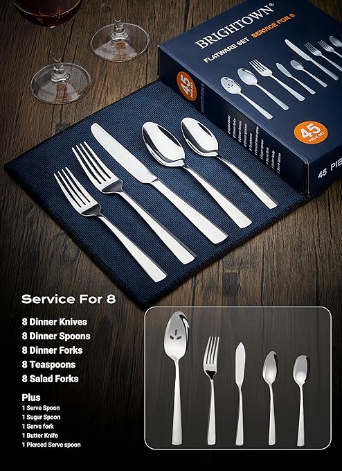 45-Piece Stainless Steel Tableware Flatware Silverware Set with Steak Knives, Rust-proof