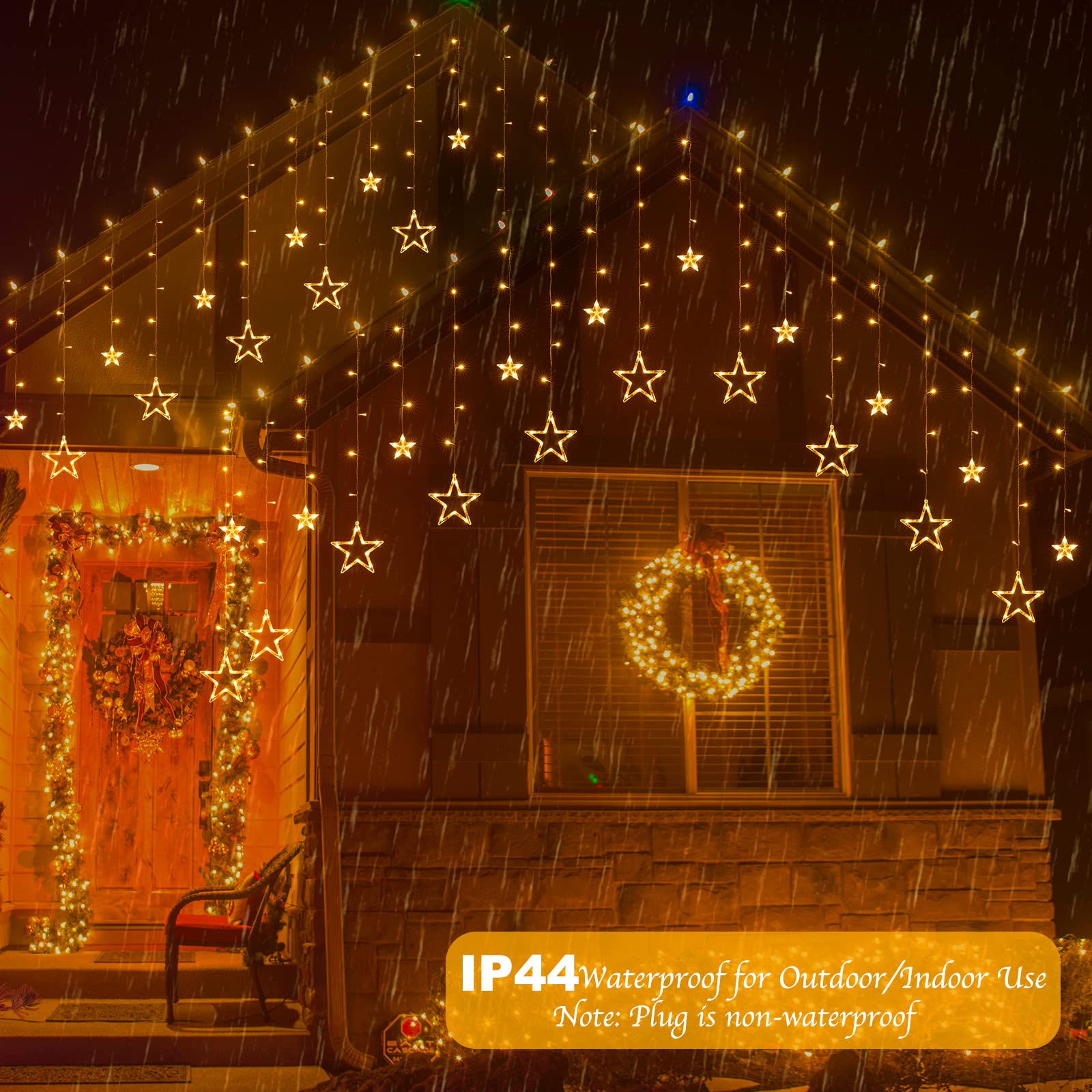Plug In 9ft 138 LED 12 Star Drops Christmas Window Lights with Remote, 8 Modes, Warm White