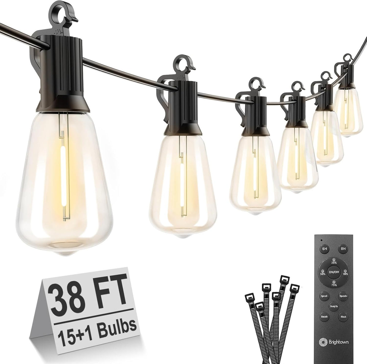 Outdoor String Lights with Remote - 38 FT, 16 LED Bulbs, Waterproof